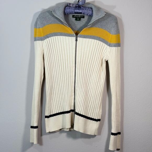 Eddie Bauer Women’s Sz M Cream Cotton Ribbed Zip up Long Sleeves Sweater Y2K - Picture 1 of 9